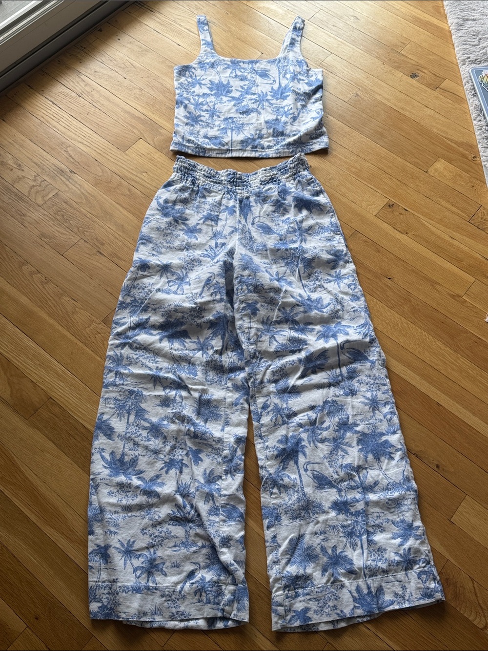 a new day Blue & White Tropical Print Wide-Leg Pants